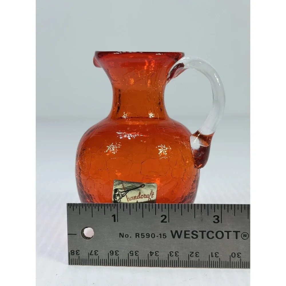 Vintage Handcrafted Pilgrim Orange Crackle Glass Clear Handle Mini Pitcher